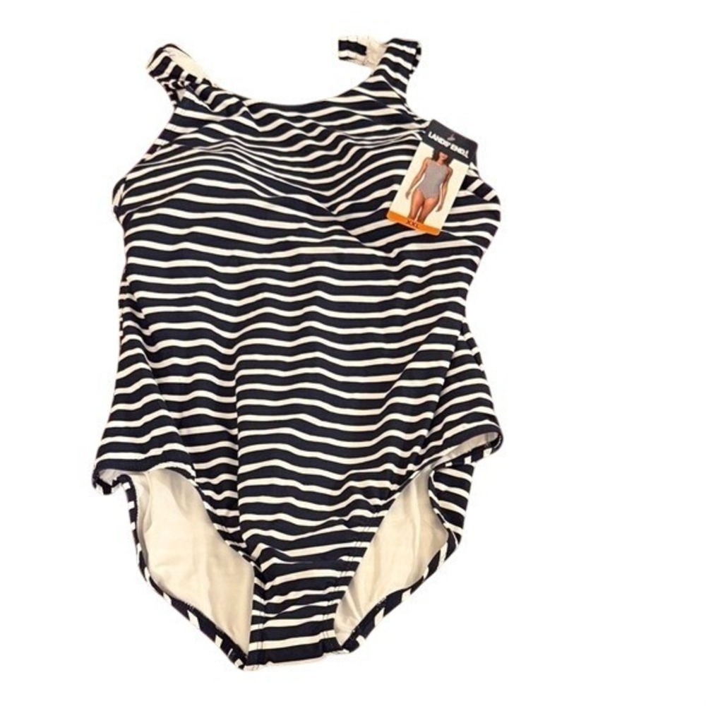 Lands End Womens XXL Navy White Striped High Neck One Piece Swimsuit 1748797 NEW
